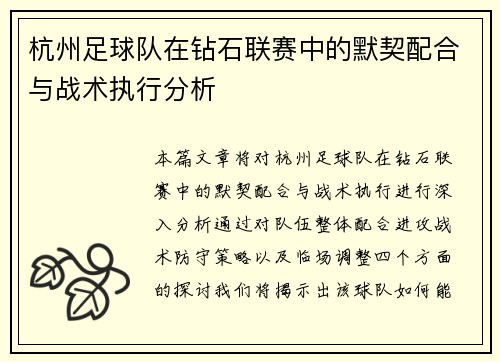 杭州足球队在钻石联赛中的默契配合与战术执行分析