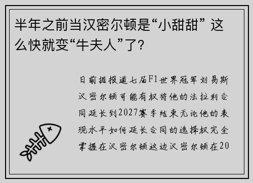 半年之前当汉密尔顿是“小甜甜” 这么快就变“牛夫人”了? 半年之前当汉密尔顿是“小甜甜” 这么快就变“牛夫人”了?